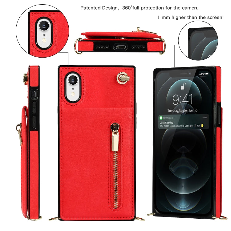For iPhone XR Cross-body Zipper Square TPU+PU Back Cover Case with Holder & Card Slots & Wallet & Strap