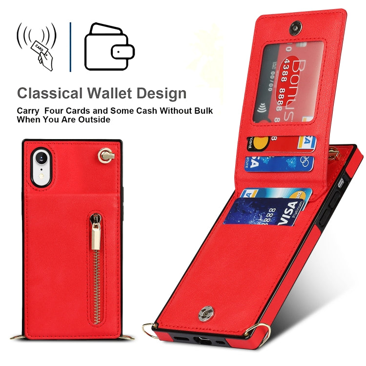 For iPhone XR Cross-body Zipper Square TPU+PU Back Cover Case with Holder & Card Slots & Wallet & Strap