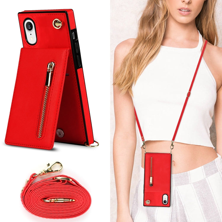 For iPhone XR Cross-body Zipper Square TPU+PU Back Cover Case with Holder & Card Slots & Wallet & Strap