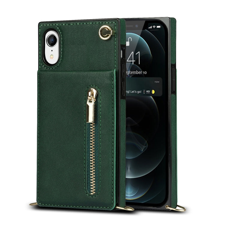 For iPhone XR Cross-body Zipper Square TPU+PU Back Cover Case with Holder & Card Slots & Wallet & Strap
