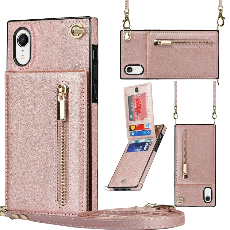 For iPhone XR Cross-body Zipper Square TPU+PU Back Cover Case with Holder & Card Slots & Wallet & Strap