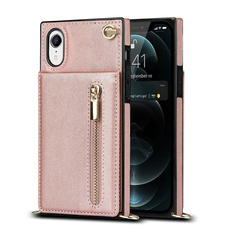 For iPhone XR Cross-body Zipper Square TPU+PU Back Cover Case with Holder & Card Slots & Wallet & Strap