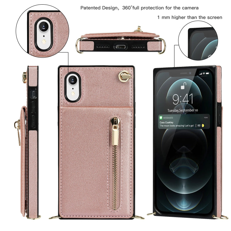 For iPhone XR Cross-body Zipper Square TPU+PU Back Cover Case with Holder & Card Slots & Wallet & Strap