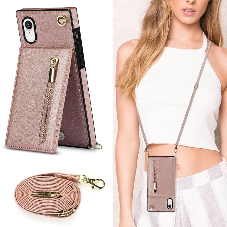 For iPhone XR Cross-body Zipper Square TPU+PU Back Cover Case with Holder & Card Slots & Wallet & Strap