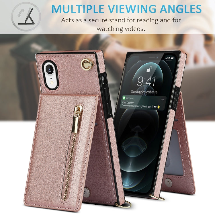 For iPhone XR Cross-body Zipper Square TPU+PU Back Cover Case with Holder & Card Slots & Wallet & Strap