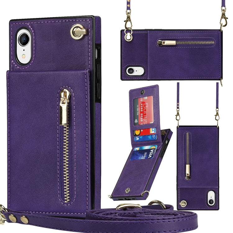 For iPhone XR Cross-body Zipper Square TPU+PU Back Cover Case with Holder & Card Slots & Wallet & Strap