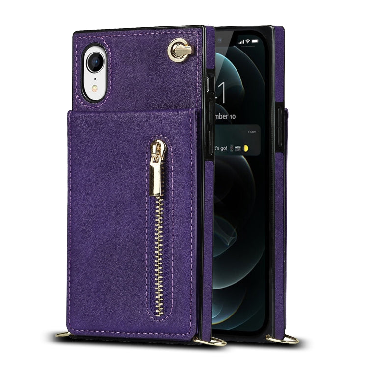 For iPhone XR Cross-body Zipper Square TPU+PU Back Cover Case with Holder & Card Slots & Wallet & Strap