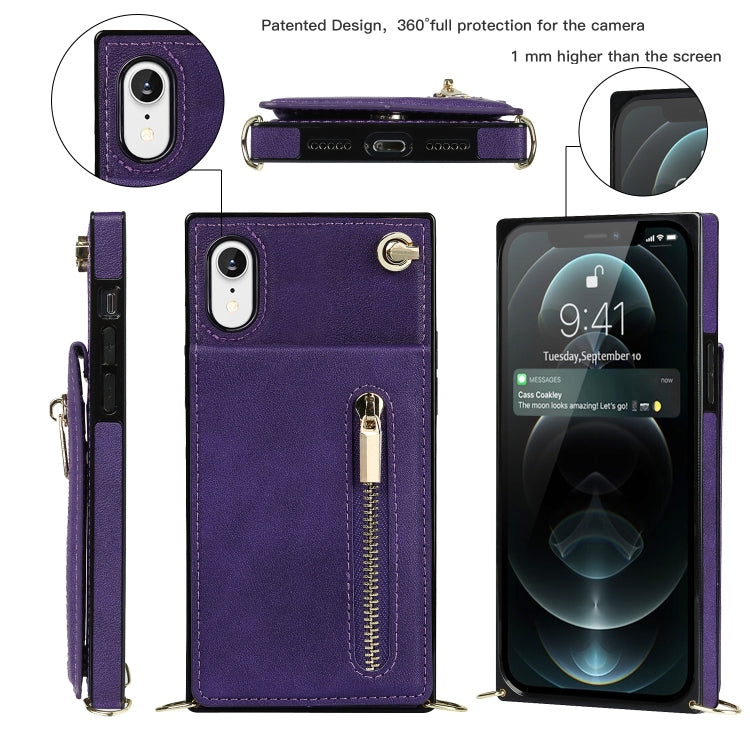 For iPhone XR Cross-body Zipper Square TPU+PU Back Cover Case with Holder & Card Slots & Wallet & Strap
