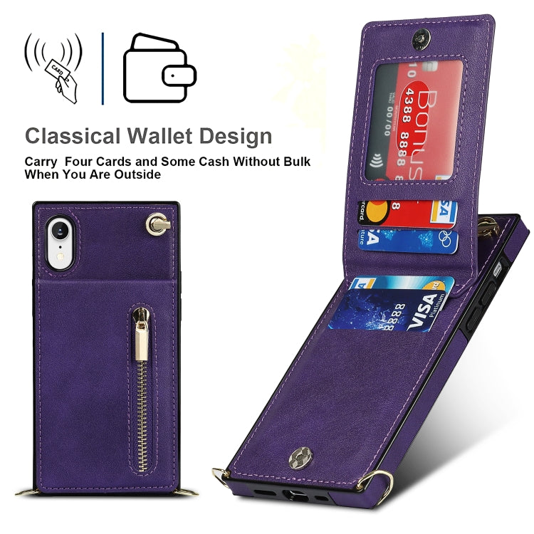 For iPhone XR Cross-body Zipper Square TPU+PU Back Cover Case with Holder & Card Slots & Wallet & Strap