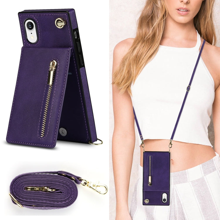 For iPhone XR Cross-body Zipper Square TPU+PU Back Cover Case with Holder & Card Slots & Wallet & Strap