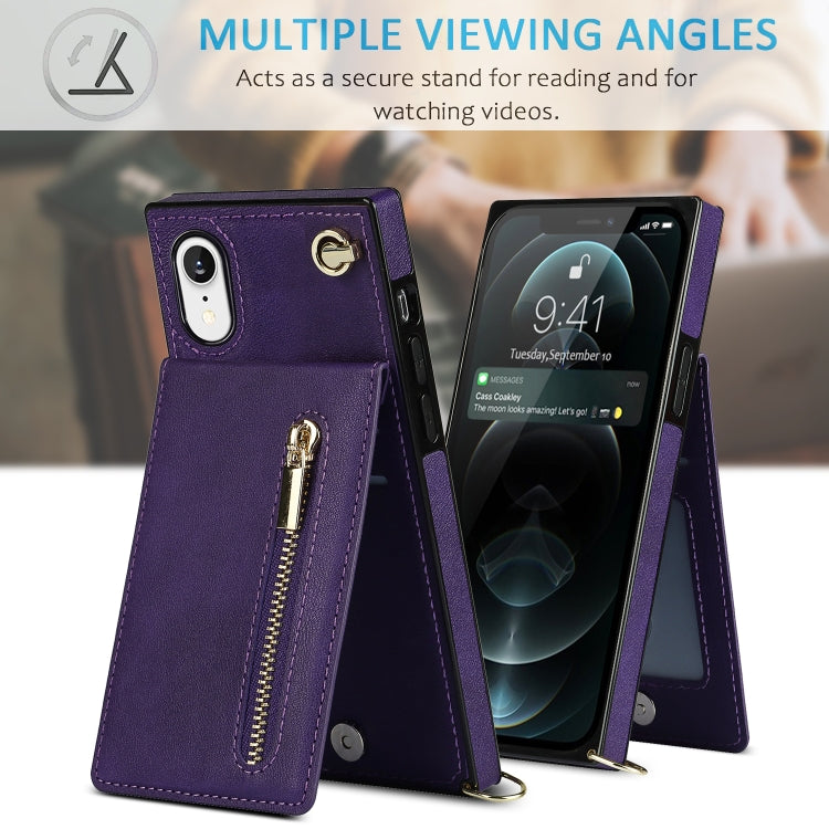 For iPhone XR Cross-body Zipper Square TPU+PU Back Cover Case with Holder & Card Slots & Wallet & Strap