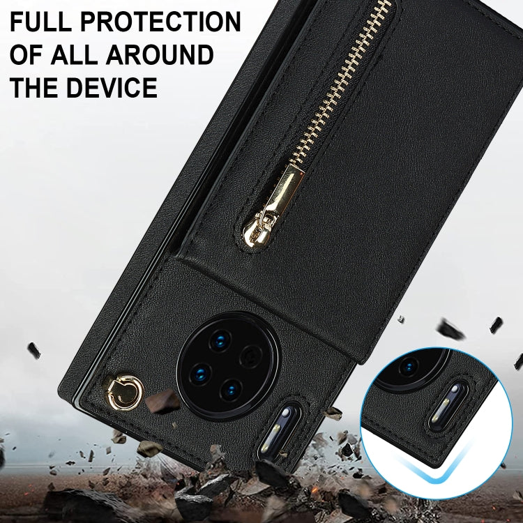 For Huawei Mate 30 Cross-body Zipper Square TPU+PU Back Cover Case with Holder & Card Slots & Wallet & Strap