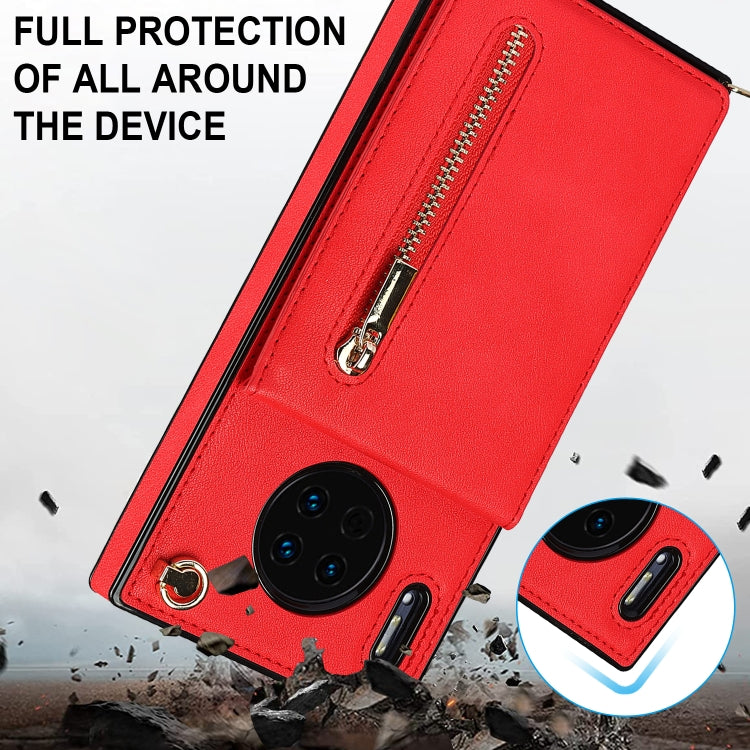 For Huawei Mate 30 Cross-body Zipper Square TPU+PU Back Cover Case with Holder & Card Slots & Wallet & Strap