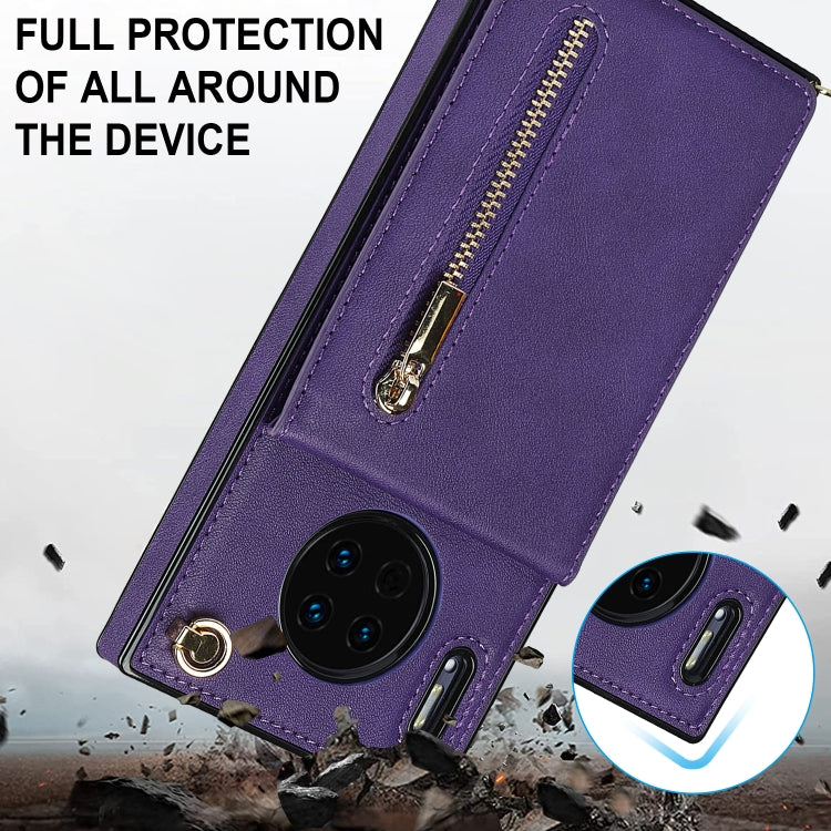 For Huawei Mate 30 Cross-body Zipper Square TPU+PU Back Cover Case with Holder & Card Slots & Wallet & Strap