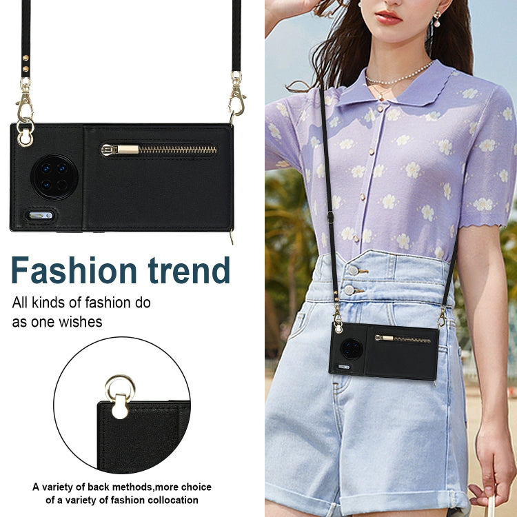 For Huawei Mate 30 Pro Cross-body Zipper Square TPU+PU Back Cover Case with Holder & Card Slots & Wallet & Strap