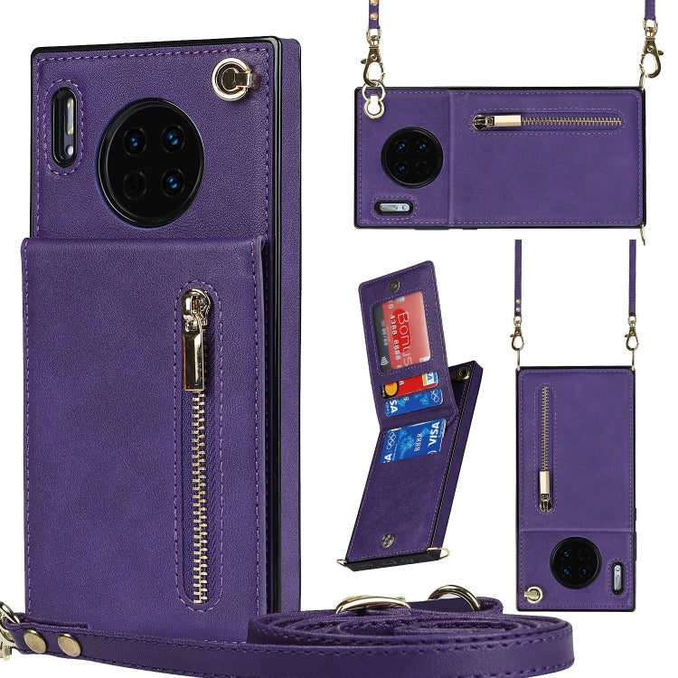 For Huawei Mate 30 Pro Cross-body Zipper Square TPU+PU Back Cover Case with Holder & Card Slots & Wallet & Strap