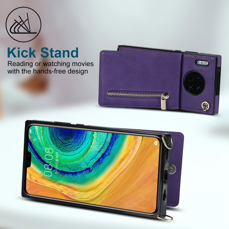 For Huawei Mate 30 Pro Cross-body Zipper Square TPU+PU Back Cover Case with Holder & Card Slots & Wallet & Strap
