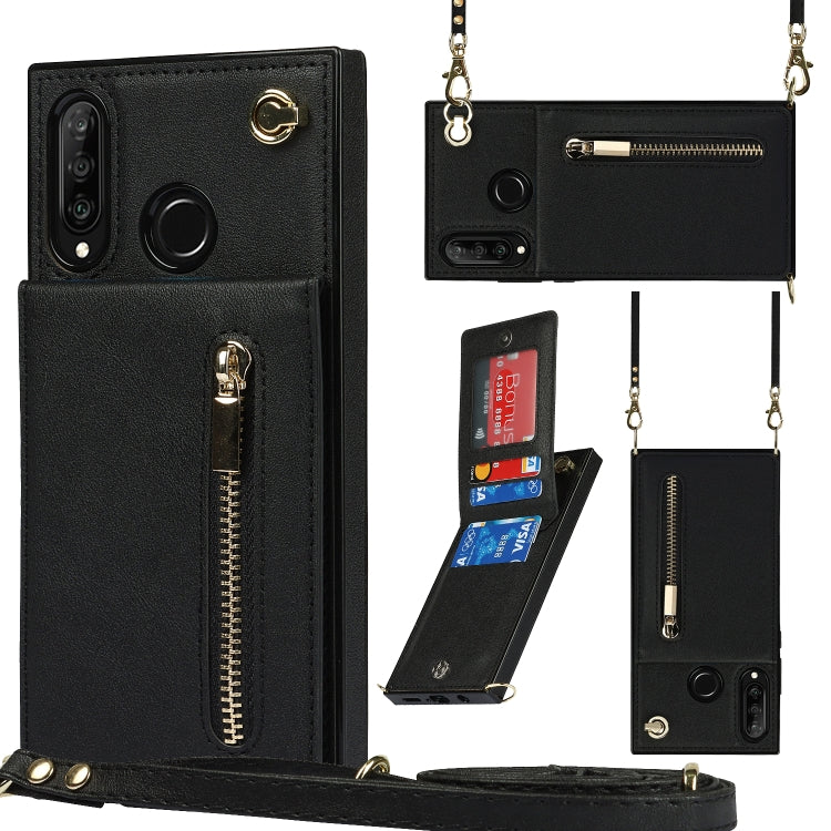 For Huawei P30 Lite Cross-body Zipper Square TPU+PU Back Cover Case with Holder & Card Slots & Wallet & Strap