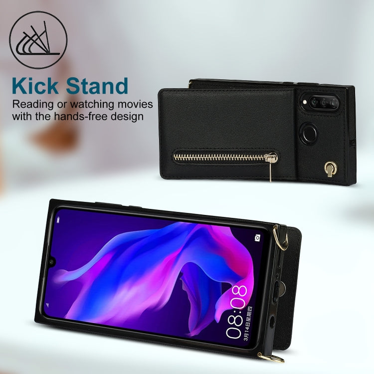 For Huawei P30 Lite Cross-body Zipper Square TPU+PU Back Cover Case with Holder & Card Slots & Wallet & Strap
