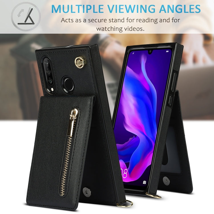 For Huawei P30 Lite Cross-body Zipper Square TPU+PU Back Cover Case with Holder & Card Slots & Wallet & Strap