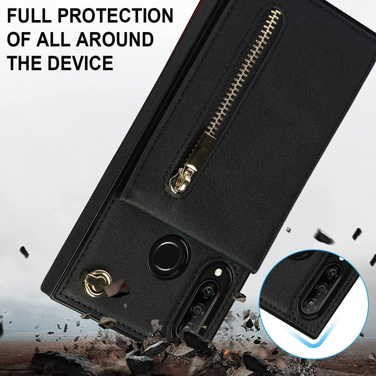 For Huawei P30 Lite Cross-body Zipper Square TPU+PU Back Cover Case with Holder & Card Slots & Wallet & Strap