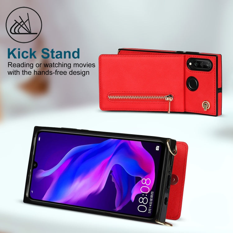 For Huawei P30 Lite Cross-body Zipper Square TPU+PU Back Cover Case with Holder & Card Slots & Wallet & Strap