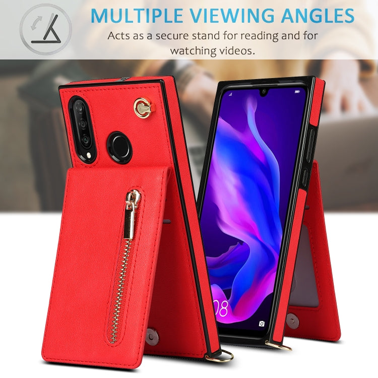For Huawei P30 Lite Cross-body Zipper Square TPU+PU Back Cover Case with Holder & Card Slots & Wallet & Strap