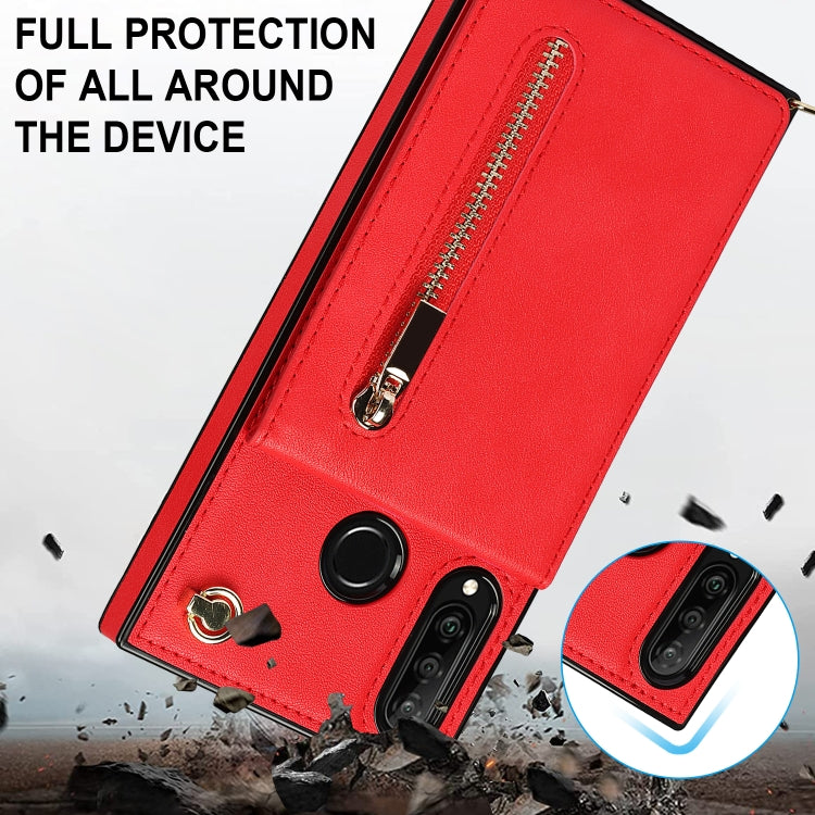 For Huawei P30 Lite Cross-body Zipper Square TPU+PU Back Cover Case with Holder & Card Slots & Wallet & Strap