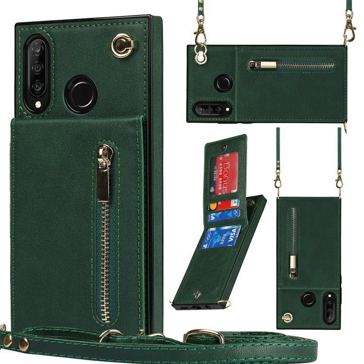 For Huawei P30 Lite Cross-body Zipper Square TPU+PU Back Cover Case with Holder & Card Slots & Wallet & Strap