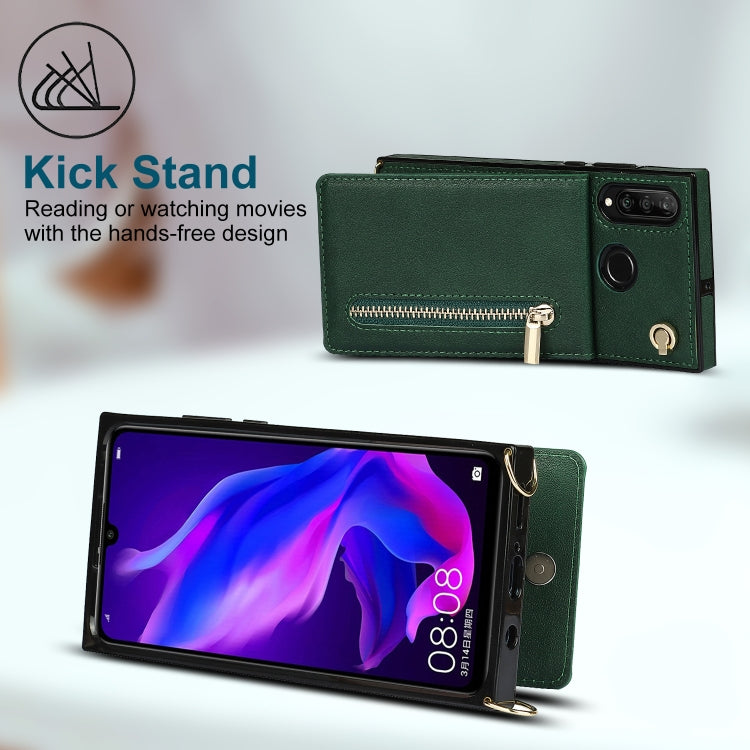 For Huawei P30 Lite Cross-body Zipper Square TPU+PU Back Cover Case with Holder & Card Slots & Wallet & Strap