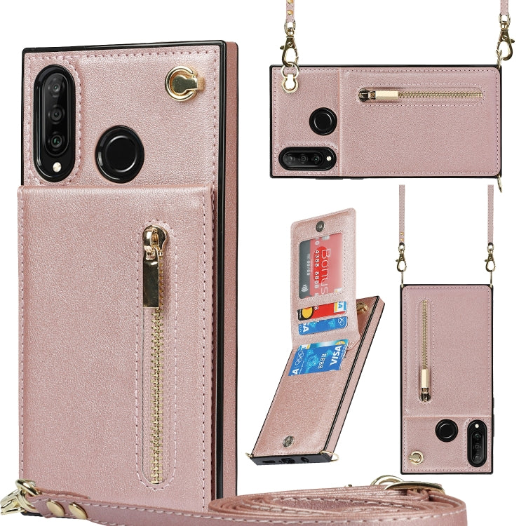 For Huawei P30 Lite Cross-body Zipper Square TPU+PU Back Cover Case with Holder & Card Slots & Wallet & Strap