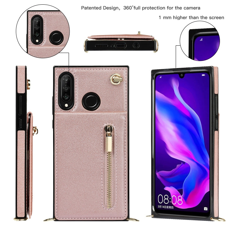 For Huawei P30 Lite Cross-body Zipper Square TPU+PU Back Cover Case with Holder & Card Slots & Wallet & Strap