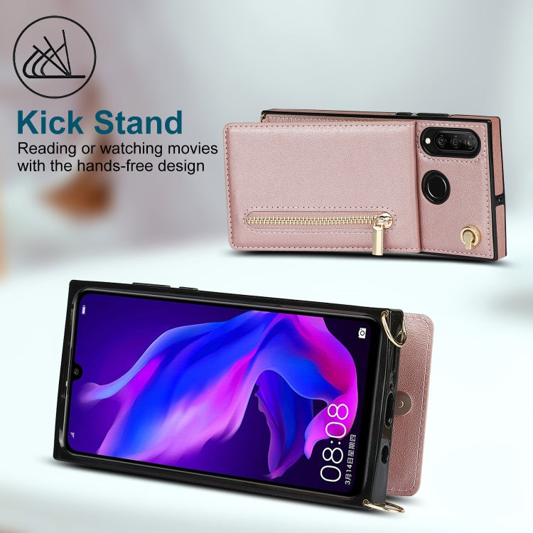 For Huawei P30 Lite Cross-body Zipper Square TPU+PU Back Cover Case with Holder & Card Slots & Wallet & Strap