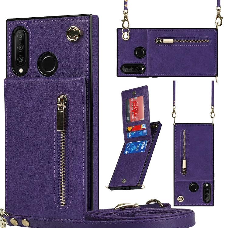 For Huawei P30 Lite Cross-body Zipper Square TPU+PU Back Cover Case with Holder & Card Slots & Wallet & Strap