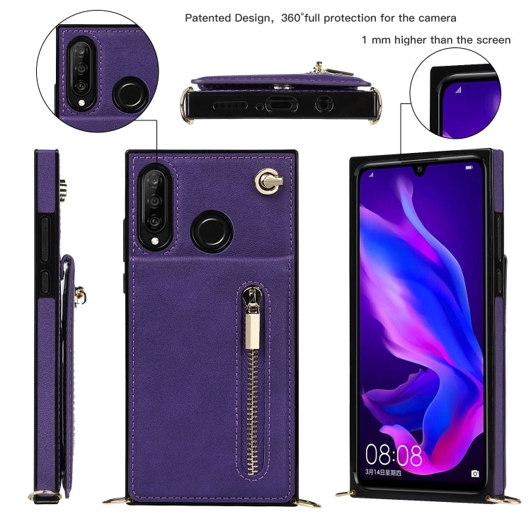For Huawei P30 Lite Cross-body Zipper Square TPU+PU Back Cover Case with Holder & Card Slots & Wallet & Strap