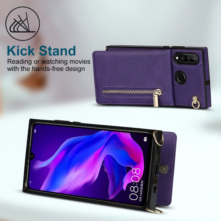 For Huawei P30 Lite Cross-body Zipper Square TPU+PU Back Cover Case with Holder & Card Slots & Wallet & Strap
