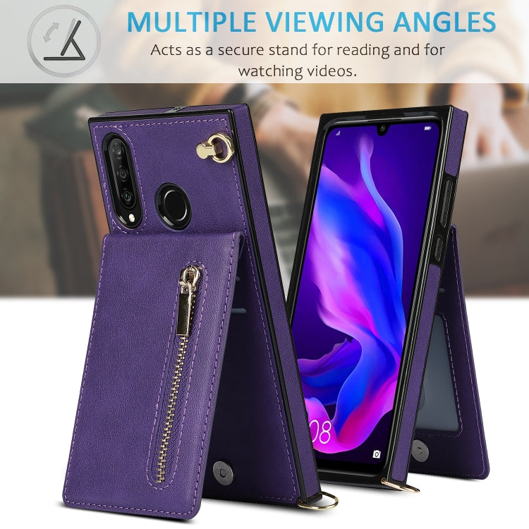 For Huawei P30 Lite Cross-body Zipper Square TPU+PU Back Cover Case with Holder & Card Slots & Wallet & Strap