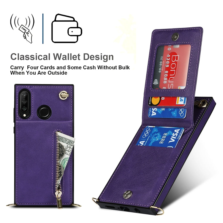 For Huawei P30 Lite Cross-body Zipper Square TPU+PU Back Cover Case with Holder & Card Slots & Wallet & Strap