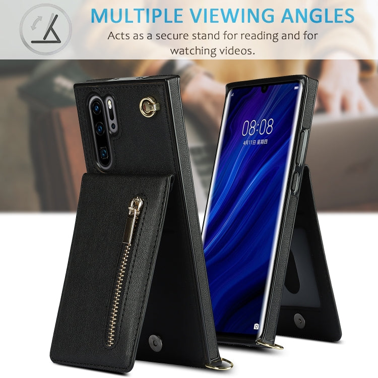 For Huawei P30 Pro Cross-body Zipper Square TPU+PU Back Cover Case with Holder & Card Slots & Wallet & Strap