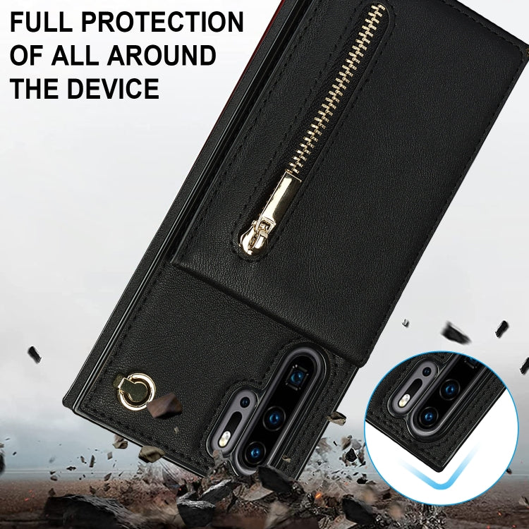 For Huawei P30 Pro Cross-body Zipper Square TPU+PU Back Cover Case with Holder & Card Slots & Wallet & Strap