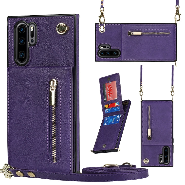 For Huawei P30 Pro Cross-body Zipper Square TPU+PU Back Cover Case with Holder & Card Slots & Wallet & Strap