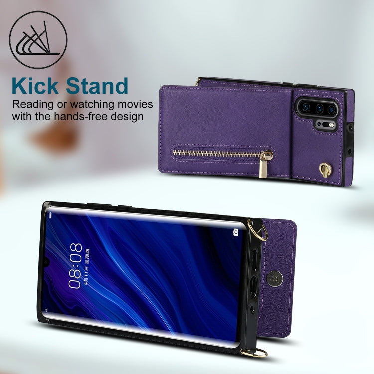 For Huawei P30 Pro Cross-body Zipper Square TPU+PU Back Cover Case with Holder & Card Slots & Wallet & Strap