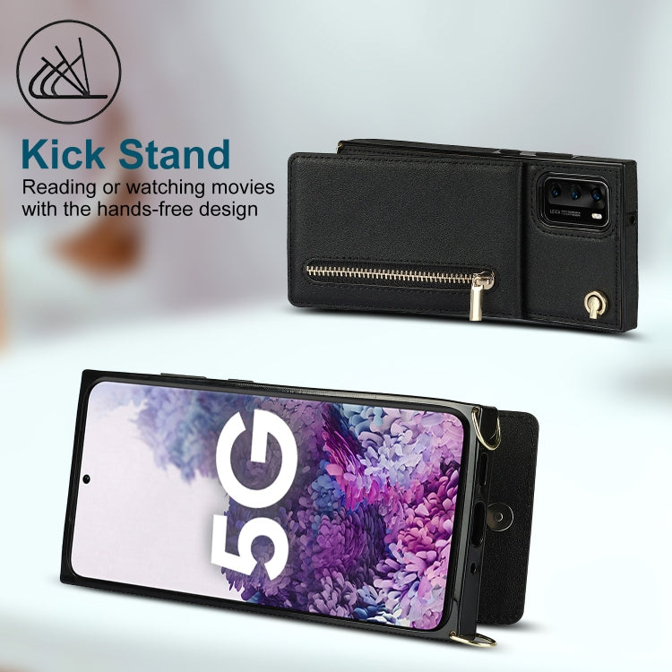 For Huawei P40 Cross-body Zipper Square TPU+PU Back Cover Case with Holder & Card Slots & Wallet & Strap