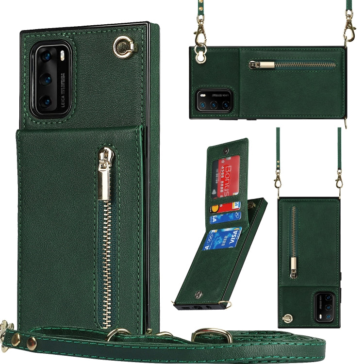 For Huawei P40 Cross-body Zipper Square TPU+PU Back Cover Case with Holder & Card Slots & Wallet & Strap