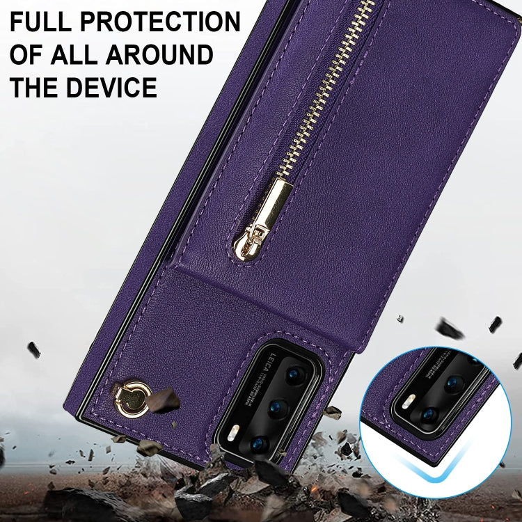 For Huawei P40 Cross-body Zipper Square TPU+PU Back Cover Case with Holder & Card Slots & Wallet & Strap