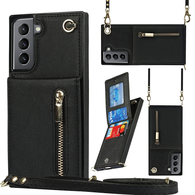 For Samsung Galaxy S21 5G Cross-body Zipper Square TPU+PU Back Cover Case with Holder & Card Slots & Wallet & Strap
