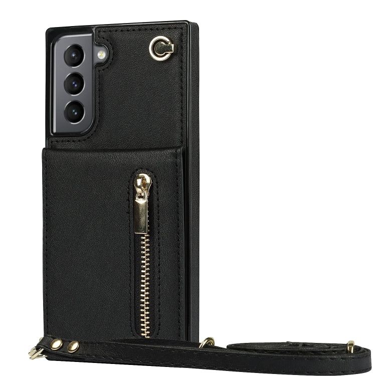 For Samsung Galaxy S21 5G Cross-body Zipper Square TPU+PU Back Cover Case with Holder & Card Slots & Wallet & Strap