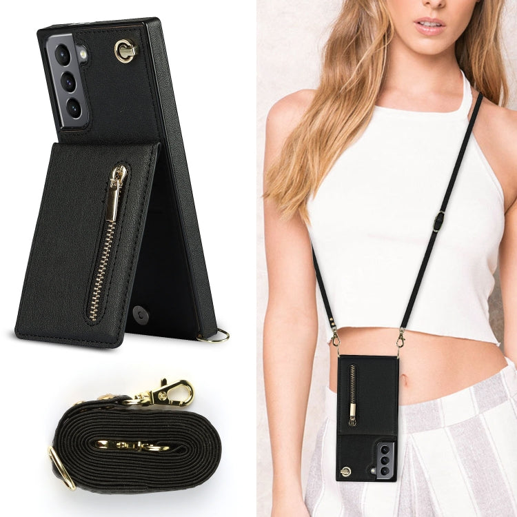 For Samsung Galaxy S21 5G Cross-body Zipper Square TPU+PU Back Cover Case with Holder & Card Slots & Wallet & Strap