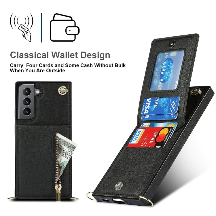 For Samsung Galaxy S21 5G Cross-body Zipper Square TPU+PU Back Cover Case with Holder & Card Slots & Wallet & Strap