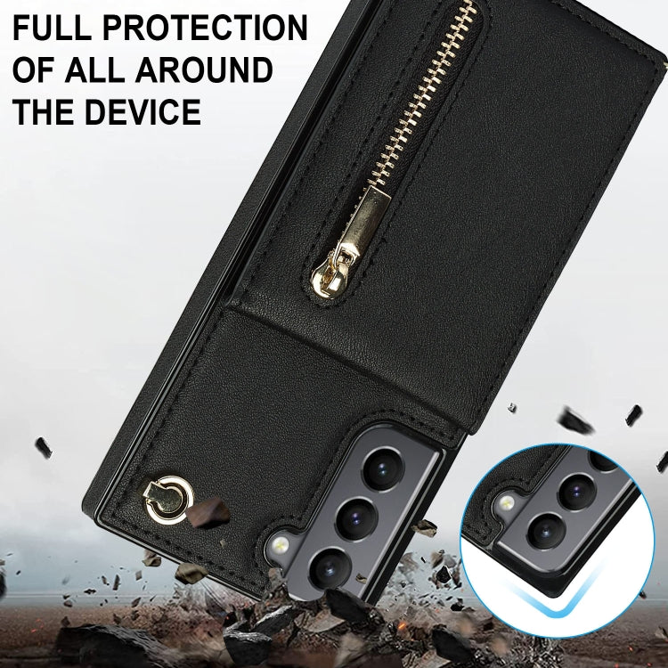 For Samsung Galaxy S21 5G Cross-body Zipper Square TPU+PU Back Cover Case with Holder & Card Slots & Wallet & Strap